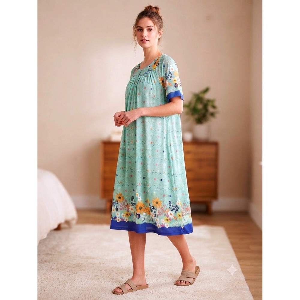 Anthony vtg Richards Mint Green‎ Floral Muumuu House Dress Lounger Short Sleeve